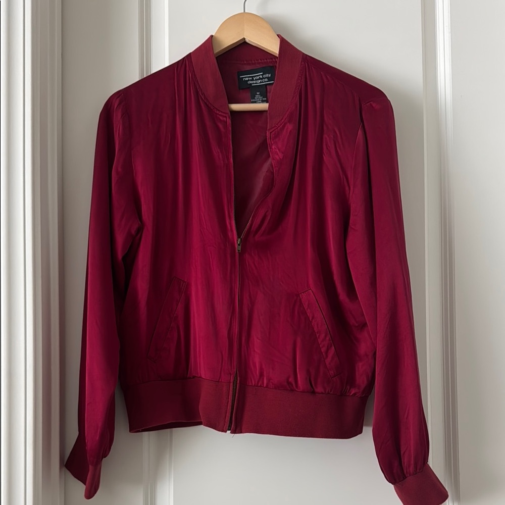 Cropped Women's Burgundy Silk Bomber Jacket